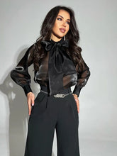 TARUXY Damen Blusen Shirts 2023 Sommer Chiffon Durchsichtig Büro Damen Bluse Mode Puffärmel Schnürhemden Tops Schwarz